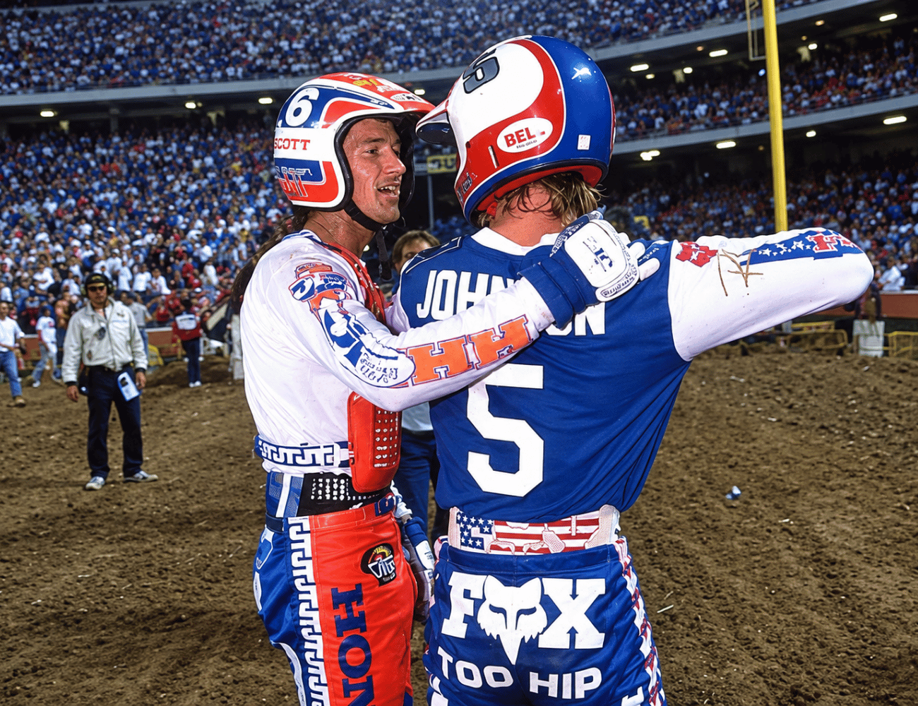 Ricky and David hugging on the track